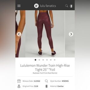 NWT Lululemon Size 10 Wunder Train HR Tight “25 Foil Red Merlot
